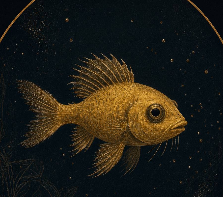 A small golden fish on a dark plate. Generated guidebook illustration of a Babel Fish, not a still from any film.