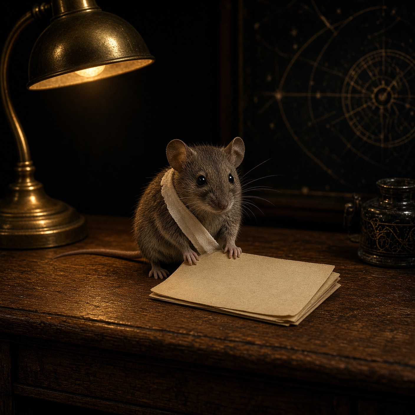 A small records clerk, a mouse, looking toward the reader with professional patience.