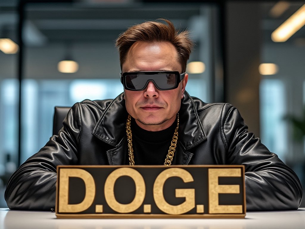 AI image of Elon Musk in black visor glasses and a gold chain behind a D.O.G.E desk sign