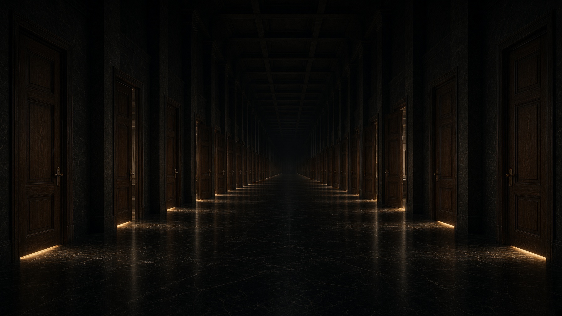 A dark museum hall of identical doors receding into shadow. Each door another possible comparison.