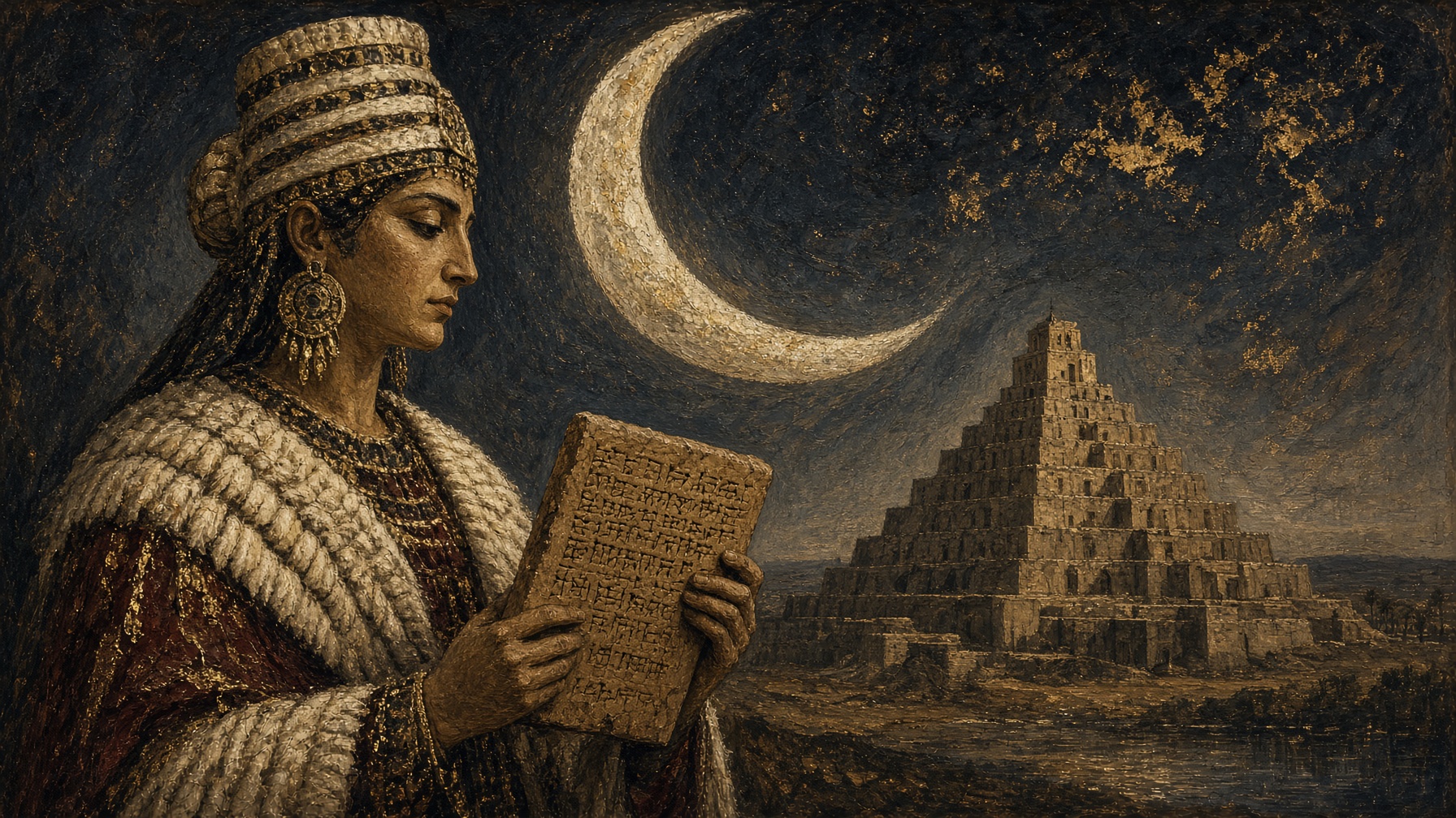 A painterly fresco of a Sumerian high priestess in gold and night, holding a clay tablet before a ziggurat and a crescent moon. Generated mythic plate, not a portrait of a known face.