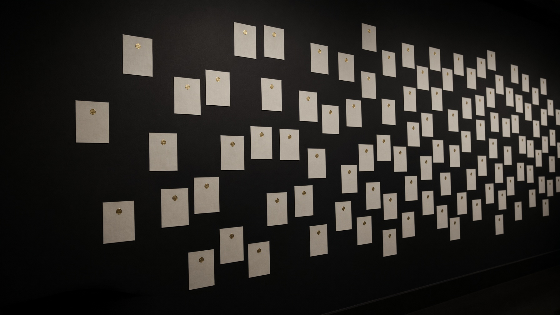 A dark museum wall of too many identical archival folders, accumulating.