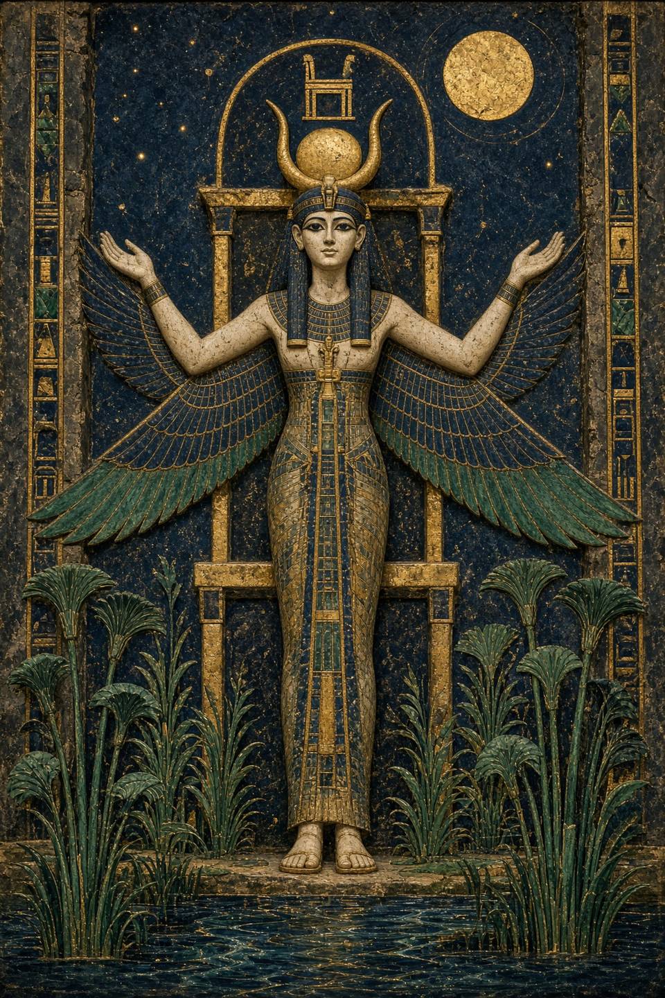 A hieratic winged figure in lapis, gold and limestone: Isis as restoration. Generated mythic plate, not a portrait of a known statue.