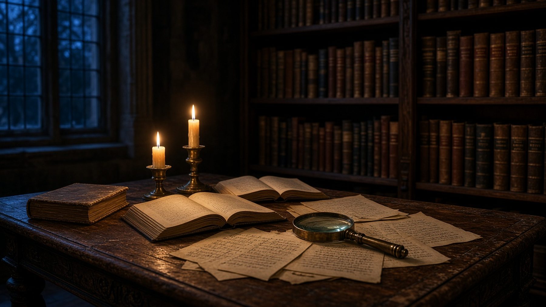 A candlelit library desk with open books, loose pages and a magnifying glass.