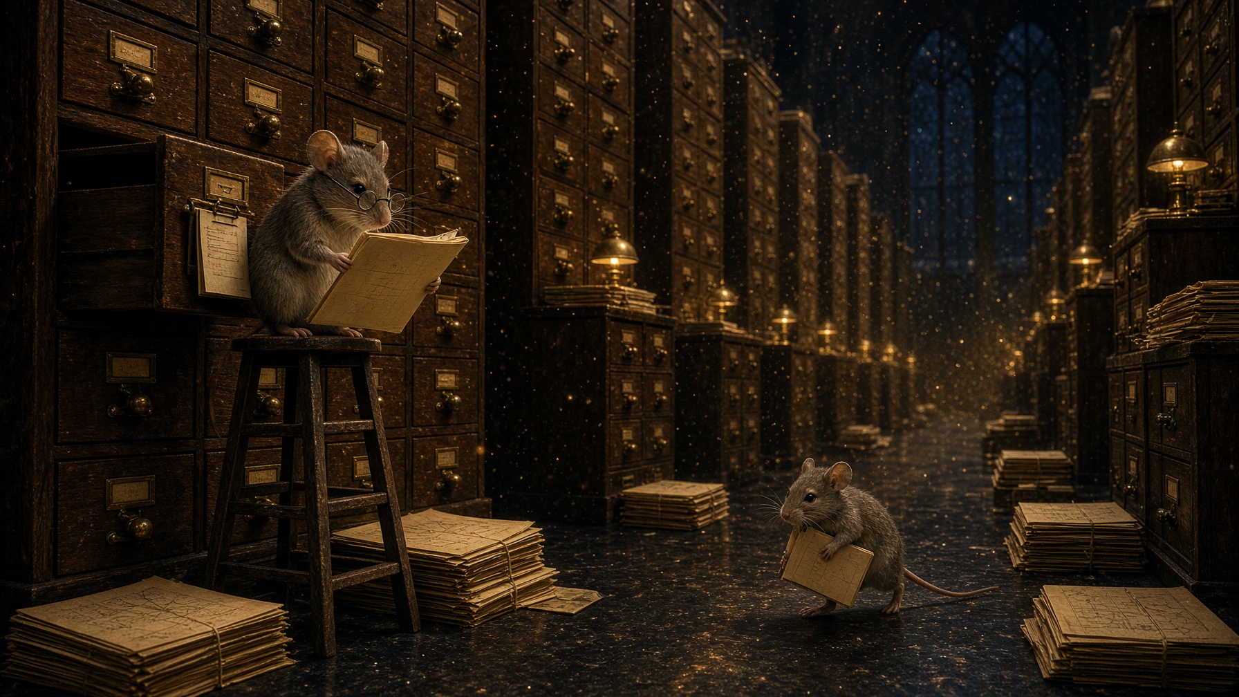 A night archive of oak cabinets. Two small mice as records clerks. One inspects a folder. Another arrives with the same folder. Far too many cabinets.