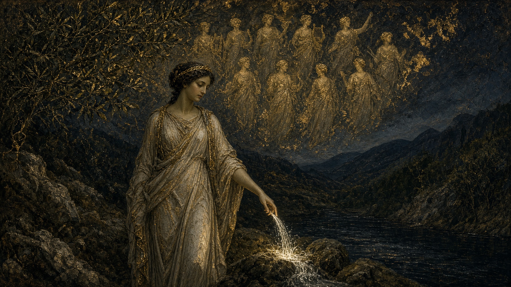 A painterly fresco of Mnemosyne in archaic drapery, a dark river at her feet, a bright spring at her hand, nine faint muses in gold leaf behind her. Generated mythic plate.