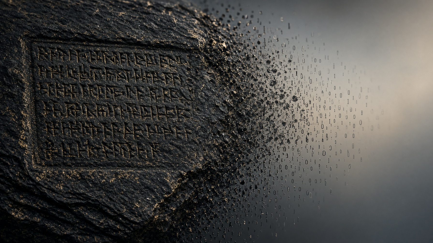 An ancient carved letter dissolving at the far edge into faint ticks, then into a field that almost, but not quite, becomes a world.
