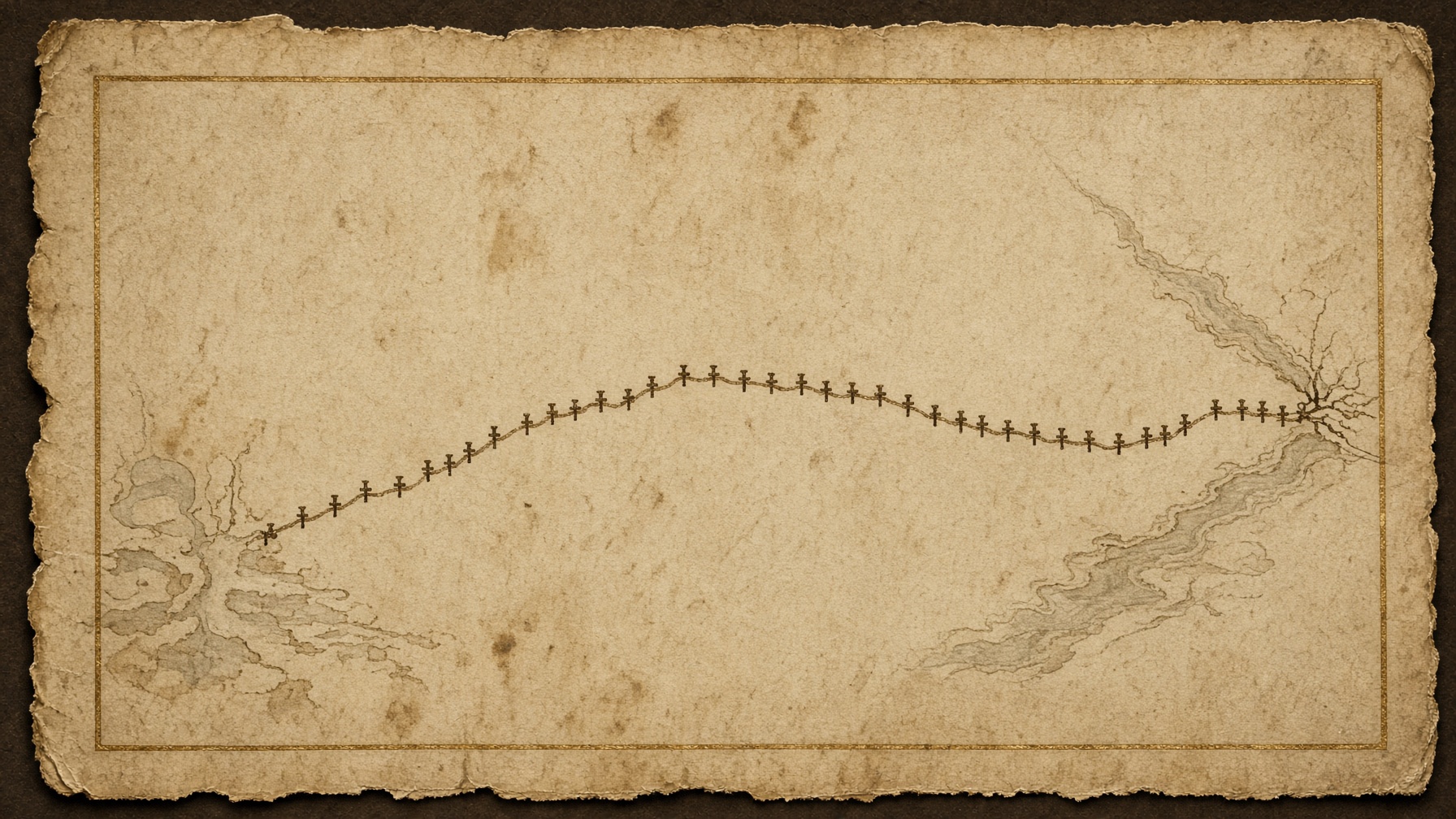 An old itinerary drawn as a map of memory. A wandering path of tiny camp marks on pale vellum. No desert spectacle.